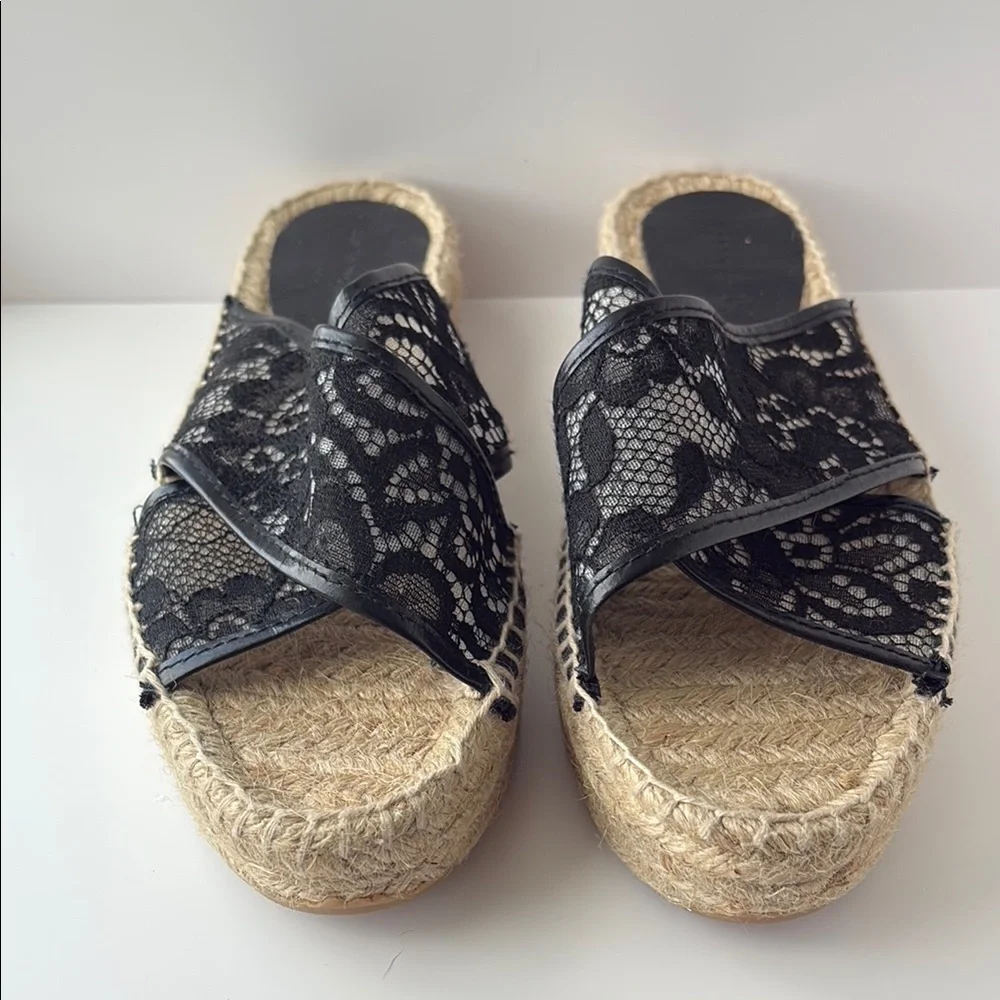 Zara Black Lace Crisscross Espadrille Woven Jute Platform Slide Sandals
